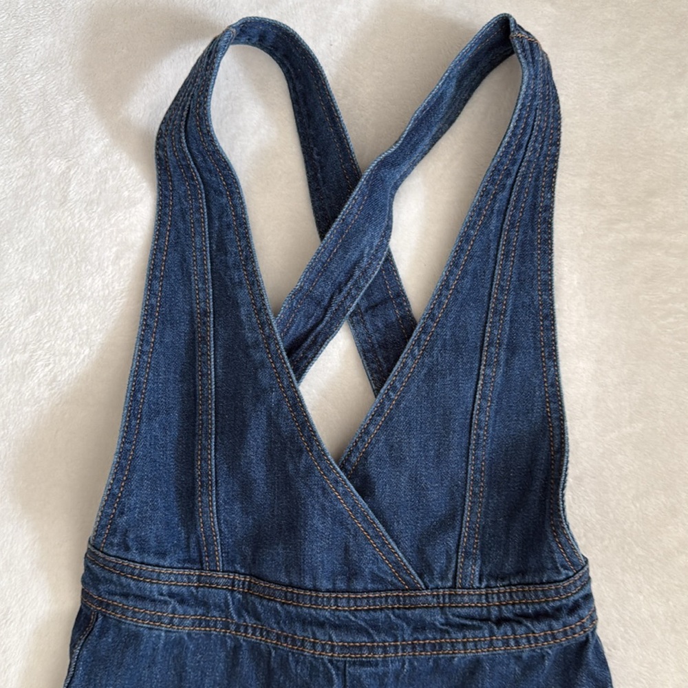 Bebe Girls | Denim Cross Back Flare Wide Leg Overall Jumpsuit Blue (M 10-12) - Picture 3 of 13